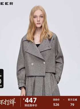 sdeer圣迪奥女装25年新品OL风翻领不规则毛呢短款外套S253Z2221