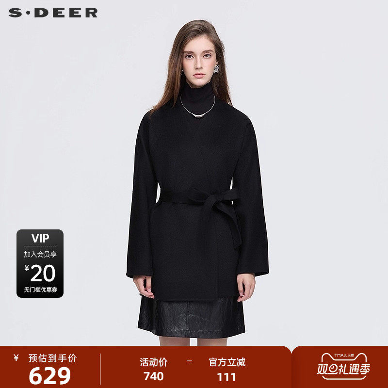 sdeer圣迪奥女装25年新品OL风V领收腰短款双面呢大衣S25