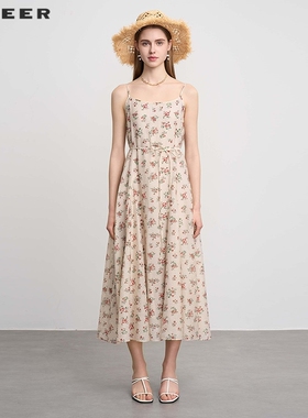 sdeer圣迪奥25年新品女装田园风碎花收腰吊带连衣裙S252Z1204