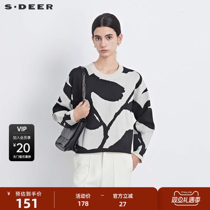 sdeer圣迪奥女装秋罗纹圆领撞色印花宽松针织衫S233Z3504