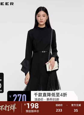 sdeer圣迪奥女装秋圆领收腰网纱喇叭袖连衣裙S231Z1214