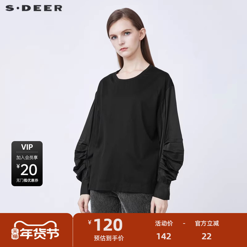 sdeer圣迪奥女装时尚圆领抽褶灯笼袖宽松黑色T恤S214802