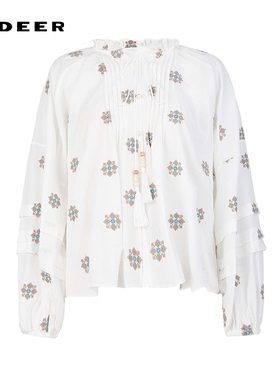 sdeer圣迪奥女装25年新品木耳边圆领压褶绣花长袖上衣S252Z3240