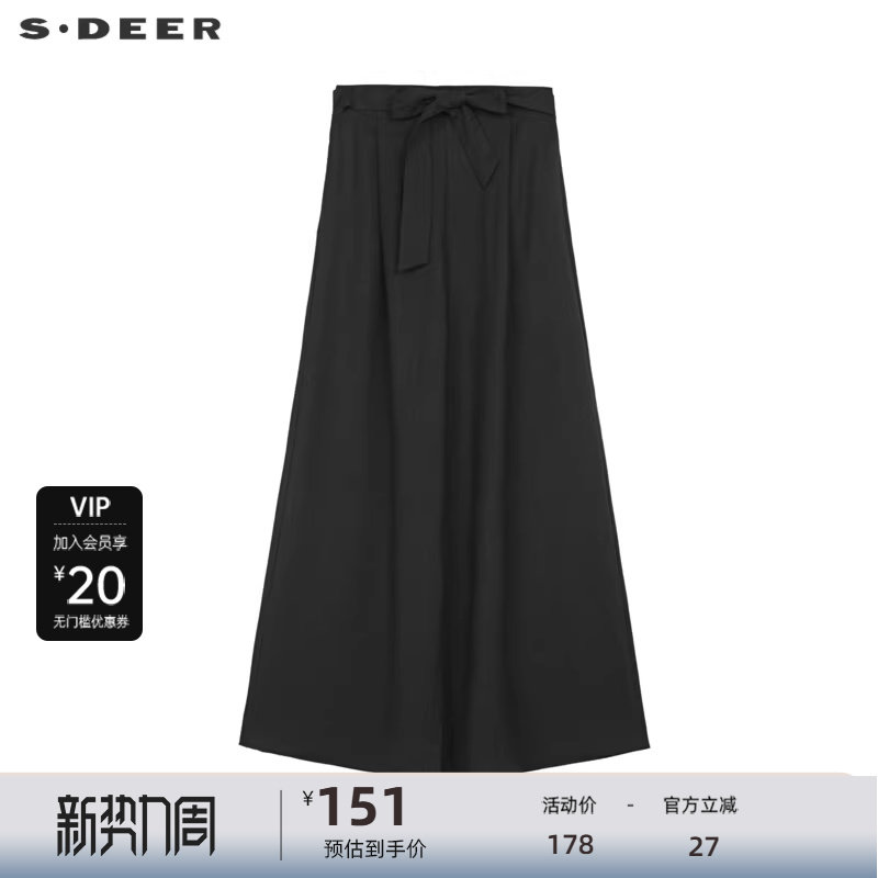 sdeer圣迪奥女装OL风松紧系带压褶阔腿长裤S241Z0810