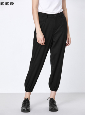 S·DEER圣迪奥女装秋简约插袋松紧拼接黑色九分裤S21380827