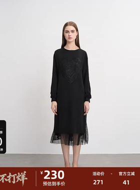 sdeer圣迪奥女装秋圆领心形网纱拼接卫衣连衣裙S241Z1233