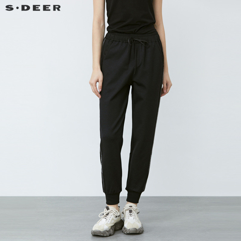 S·DEER圣迪奥女装冬季运动抽绳松紧撞色字母休闲长裤S21480841,女装/女士精品,休闲裤,淘宝优惠券,粉丝福利购,淘宝优惠卷