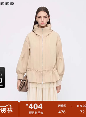 sdeer圣迪奥女装25年新品高领连帽收腰网纱宽松外套S253Z2220