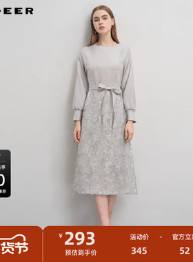sdeer圣迪奥女装圆领收腰绣花网纱长袖连衣裙S244Z1268