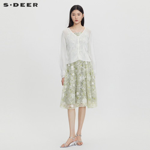 s.deer绣花网纱针织吊带连衣裙