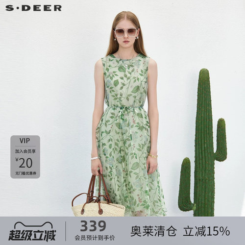 s.deer小清新印花收腰无袖连衣裙
