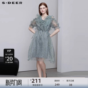 sdeer圣迪奥女装 V领碎花收腰网纱连衣裙S222Z122H