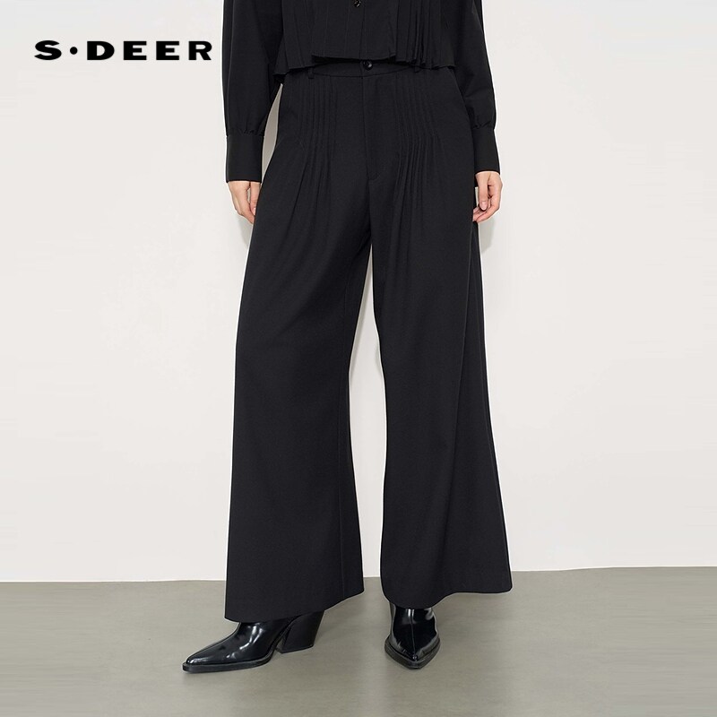 sdeer圣迪奥女装26年新品OL风松紧拼接高腰压褶阔腿长裤S264Z0810