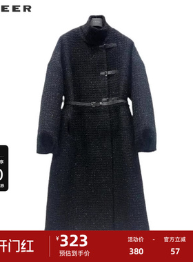 sdeer圣迪奥女装复古立领收腰碎褶长款毛呢大衣S224Z25B2
