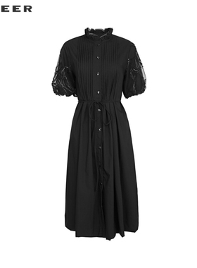 sdeer圣迪奥女装木耳边圆领风琴褶网纱收腰连衣裙S242Z1209