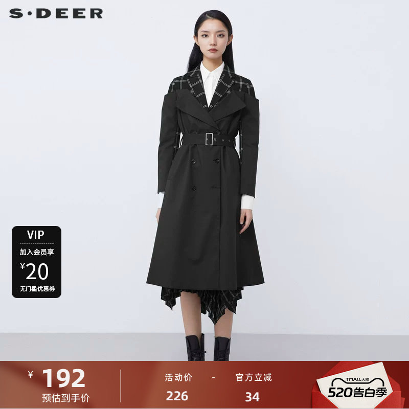sdeer圣迪奥女装2025秋款休闲西装领格纹拼接长款风衣S21
