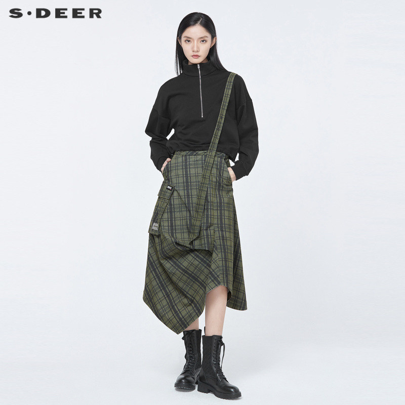 sdeer圣迪奥女装不规则字母印花撞色格纹背带长裙S214811