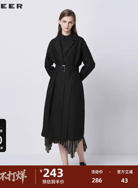 S·DEER圣迪奥女装秋通勤风西装领拼接收腰长款风衣S21381811