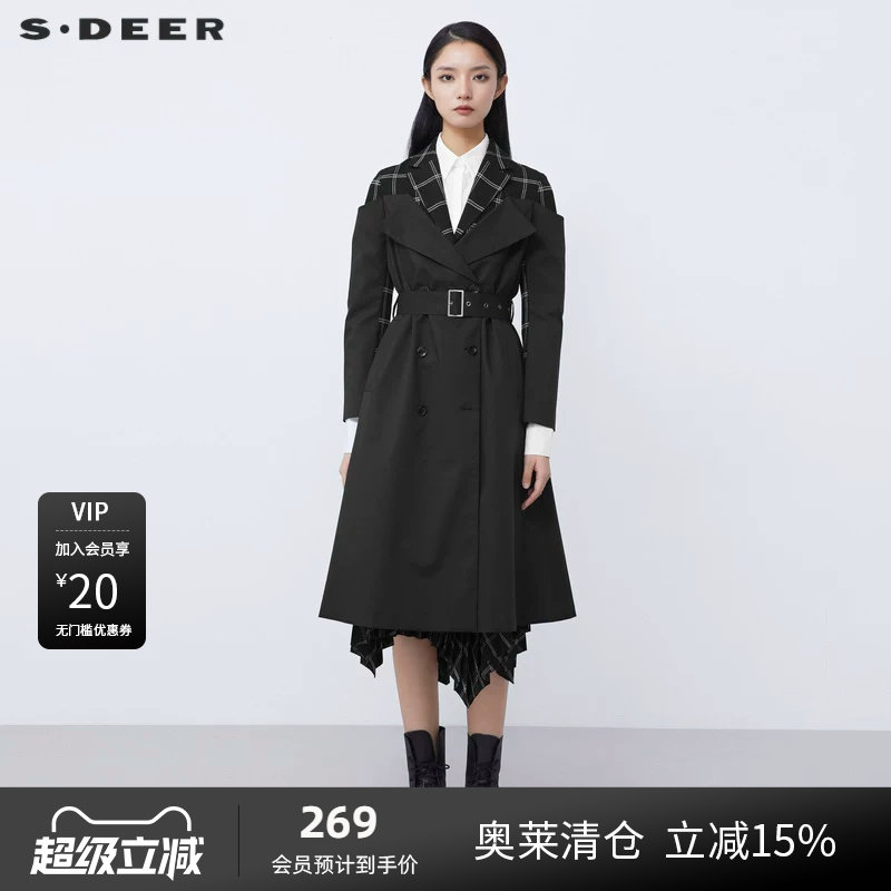 sdeer圣迪奥女装2025秋款休闲西装领格纹拼接长款风衣S21381808