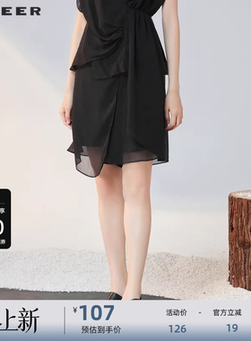sdeer圣迪奥女装秋休闲系带雪纺黑色A字短裙S223Z1316