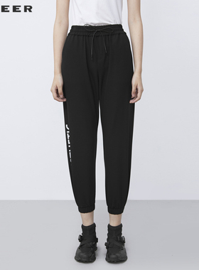S·DEER圣迪奥女装冬季抽绳松紧插袋黑色长裤运动裤S21480828
