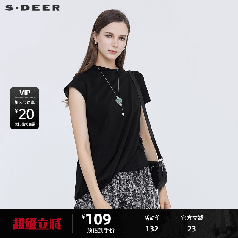 sdeer圣迪奥女装简约圆领雪纺不规则短袖T恤S21280198