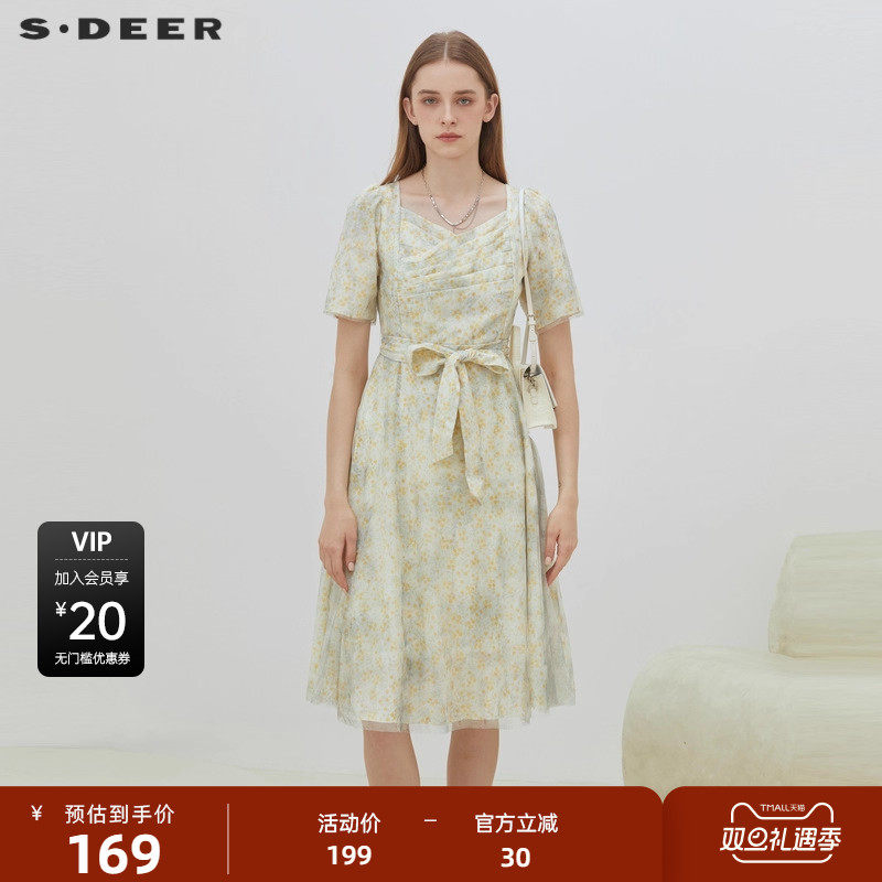 泡泡袖 印花压褶 网纱收腰