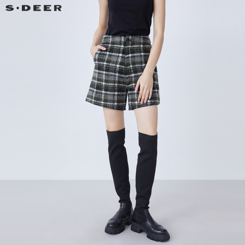 sdeer圣迪奥女装复古休闲插袋撞色格纹A字短裤S21460902,女装/女士精品,休闲裤,淘宝优惠券,粉丝福利购,淘宝优惠卷