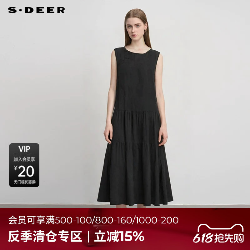 【反季清仓】sdeer圣迪奥女装复古盘扣碎褶无袖连衣裙S244Z