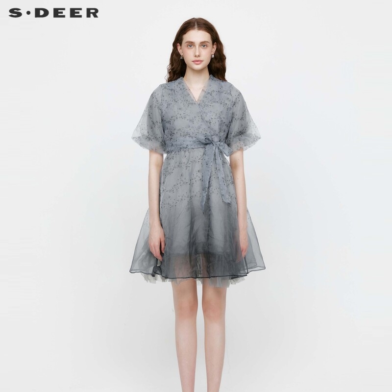 s.deer碎花收腰网纱泡泡袖长裙