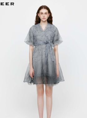 sdeer圣迪奥碎花收腰网纱泡泡袖连衣裙S223Z12F7