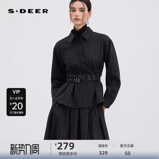 S253Z0569 衬衫 sdeer圣迪奥女装 OL风翻领格纹撞色收腰毛呢长袖