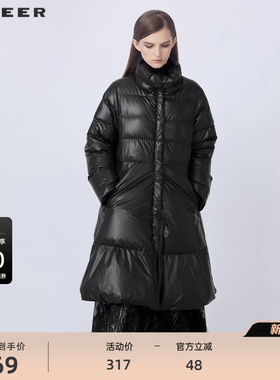 【反季清仓】sdeer圣迪奥亮面宽松A字黑色长款羽绒服S21482406