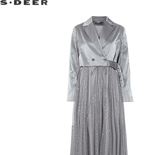 sdeer圣迪奥女装OL风西装领网纱不规则连衣裙套装S243Z1