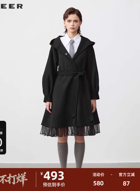 sdeer圣迪奥女装时尚连帽收腰网纱毛呢长款大衣S244Z2505