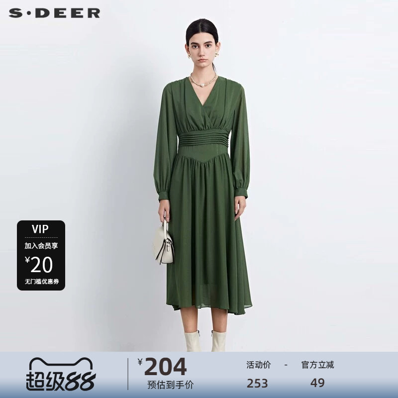 sdeer圣迪奥女装秋V领压褶垂坠雪纺长袖连衣裙S233Z12P