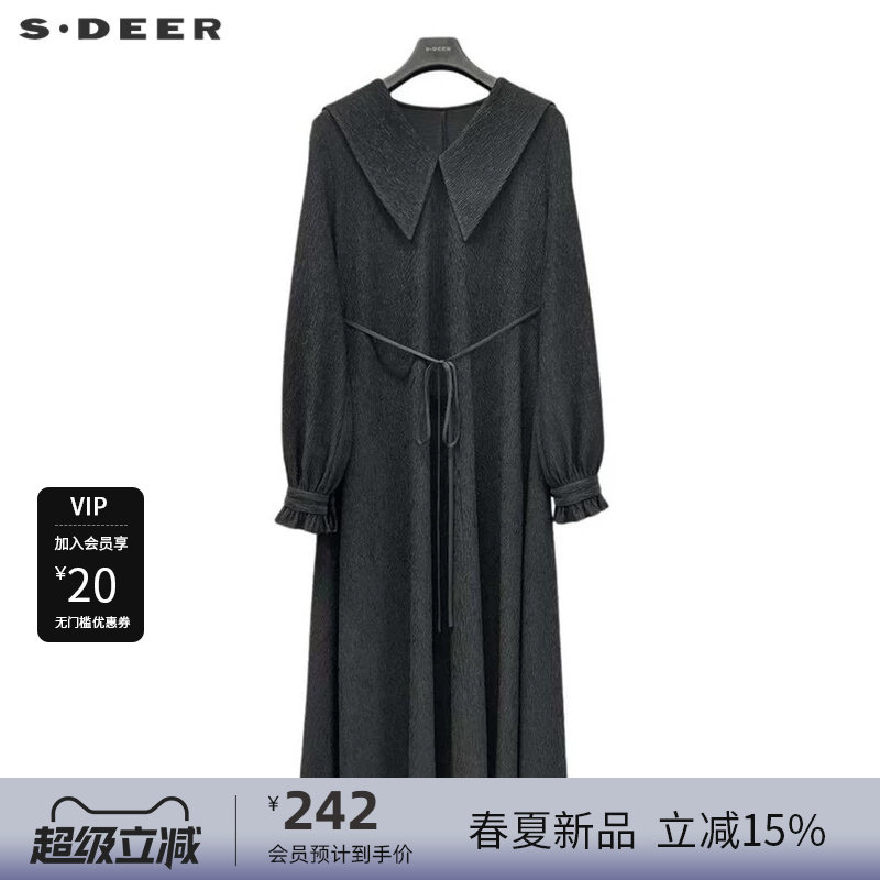 【秒杀】sdeer圣迪奥女装学院风翻领收腰肌理长袖连衣裙S233Z12G7