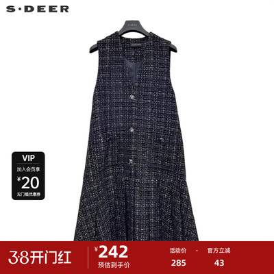 sdeer圣迪奥女装小香风V领格纹宽松无袖连衣裙S234Z1273