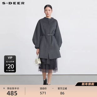 大衣S224Z2580 毛呢长款 sdeer圣迪奥女装 立领收腰泡泡袖