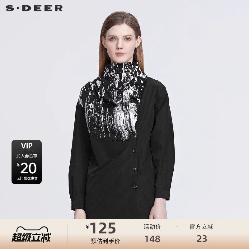 sdeer圣迪奥女装秋个性立领不规则涂鸦长款黑色衬衫S22180521