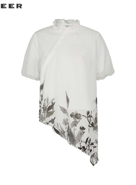 sdeer圣迪奥女装木耳边圆领斜襟印花网纱短袖衬衫S242Z0424