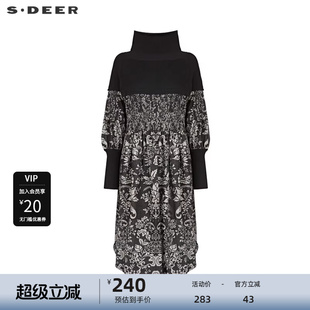 sdeer圣迪奥女装 连衣裙S233Z12Q8 高领拼接印花撞色长袖