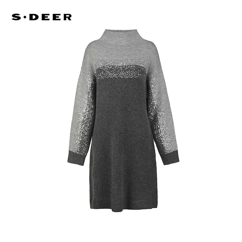 sdeer圣迪奥女装25年新品罗纹圆领撞色拼接针织连衣裙S254