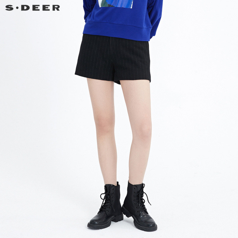sdeer圣迪奥毛呢裤季新款复古条纹插袋毛呢短裤靴裤S20460