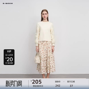 sdeer圣迪奥女装 T恤S244Z0203 复古圆领绣花拼接长袖