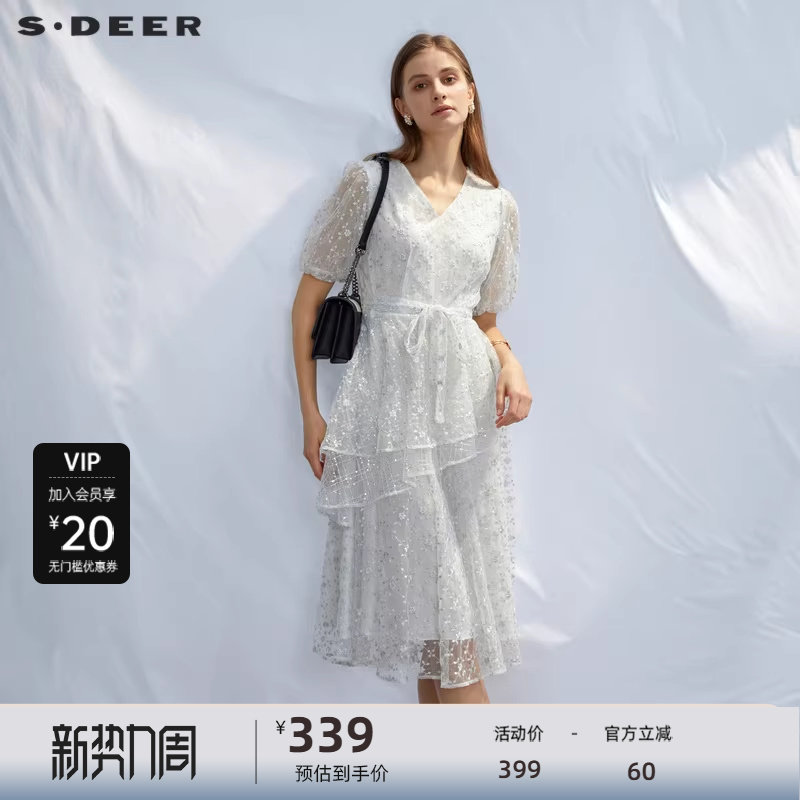 sdeer圣迪奥女装V领绣花收腰网纱泡泡袖连衣裙S232Z12H
