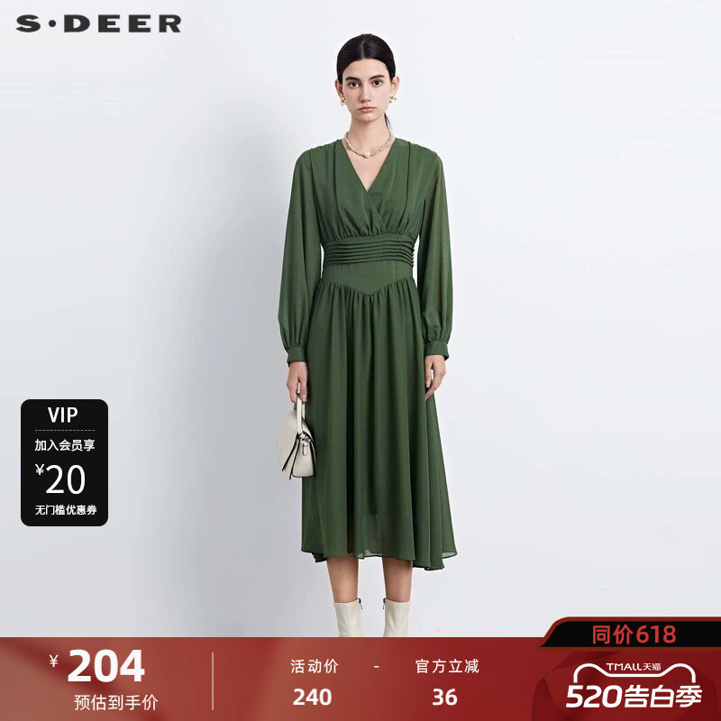 sdeer圣迪奥女装秋V领压褶垂坠雪纺长袖连衣裙S233Z12P
