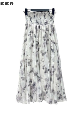 【上新】sdeer圣迪奥清新高腰碎褶印花不规则A字长裙S242Z1126