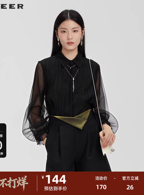 sdeer圣迪奥女装翻领肌理网纱灯笼袖衬衫S231Z0531