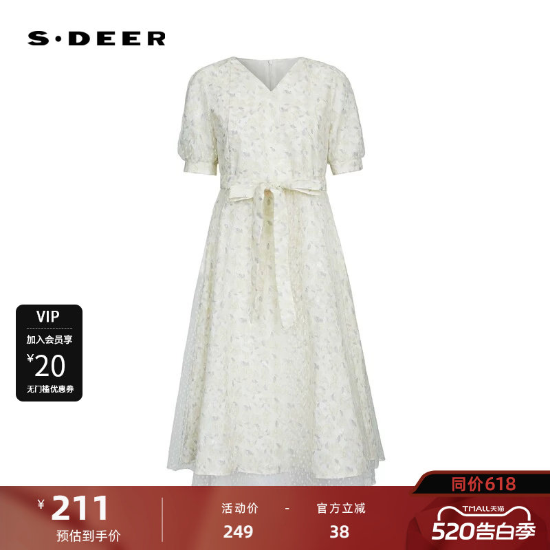 sdeer圣迪奥女装V领碎花收腰网纱短袖连衣裙S232Z12L9